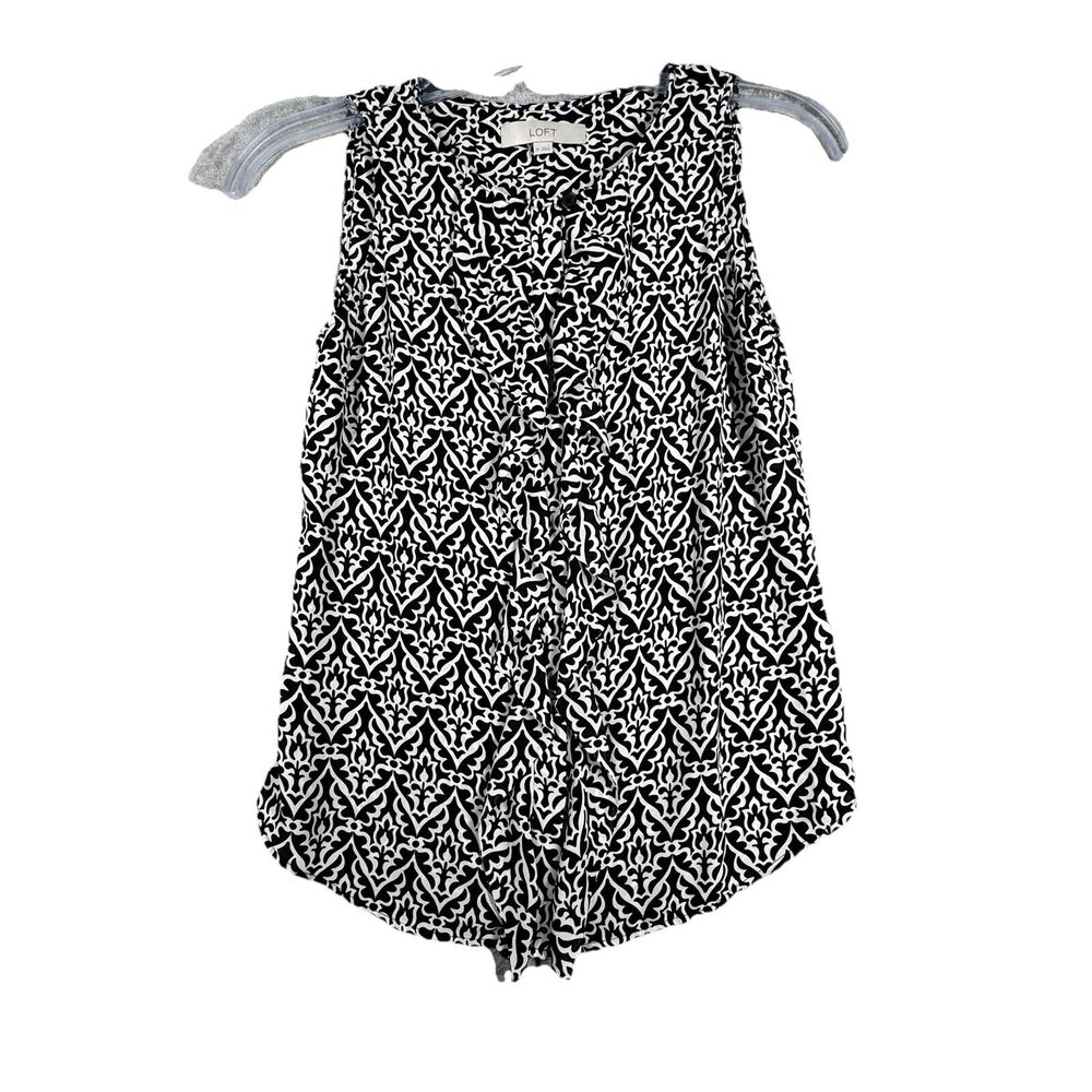 Loft Shirt Women XS Black White Geometric Ruffle Front Neutral Minimalist Preppy